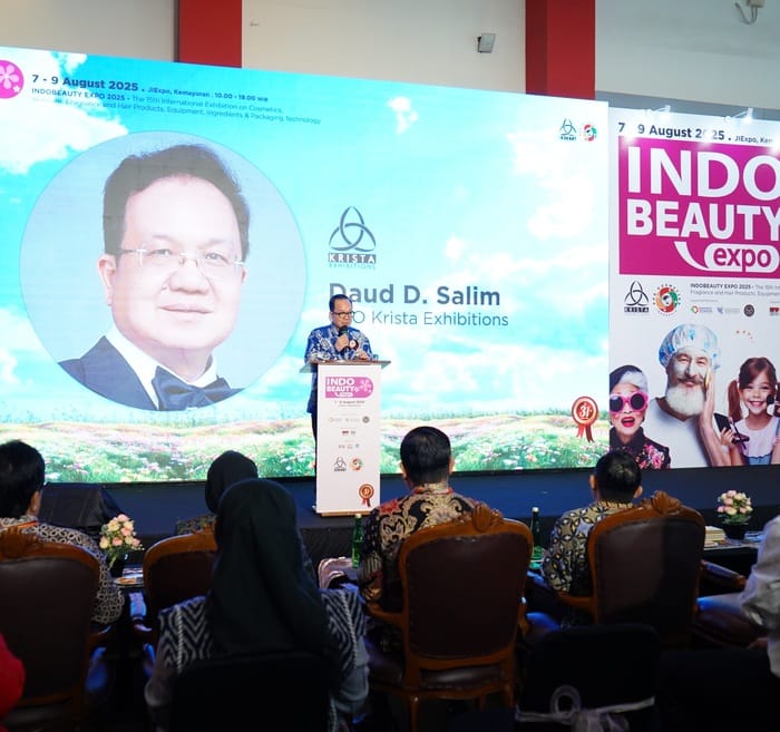 Daud D. Salim, CEO Krista Exhibitions saat memberikan sambutan pembukaan IndoBeauty Expo 2025 di JiExpo Kemayoran, Jakarta, Kamis (7/8/2025).