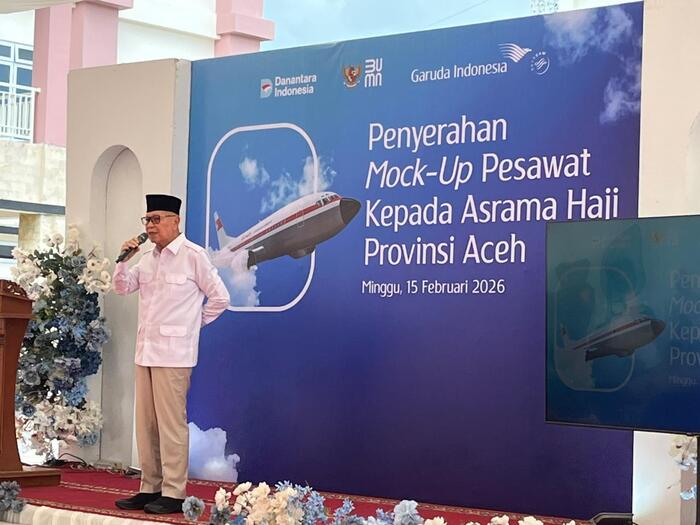 Peresmian hibah satu unit pesawat untuk fasilitas manasik di Asrama Haji Kelas I Aceh dari Garuda Indonesia, 
Minggu (15/2/2026). (Foto - Dok.GI)