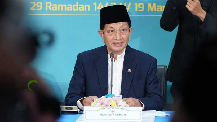 Menteri Agama Nasaruddin Umar saat jumpa pers seusai sidang isbat di kantor layanan Kementerian Agama, Jalan MH Thamrin, Jakarta, Kamis (19/3/2026). (Foto - Kemenag)